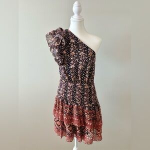 Ulla Johnson Silk One-Shoulder Aviana Dress Floral Metallic Mini Sz 4